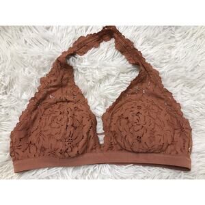 American Eagle Aerie Brown Wildflower Lace Lightly Padded Halter Bralette Sz Med